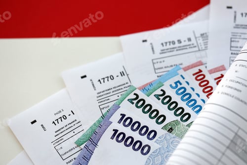Preview: Indonesian tax forms 1770 Individual Income Tax Return and others with money on table
