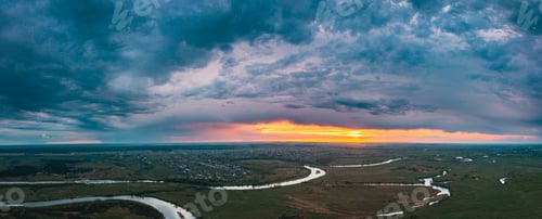 Preview: Sunset above river. evenig Panorama Aerial View forest And River Landscape. Top View Of Beautiful