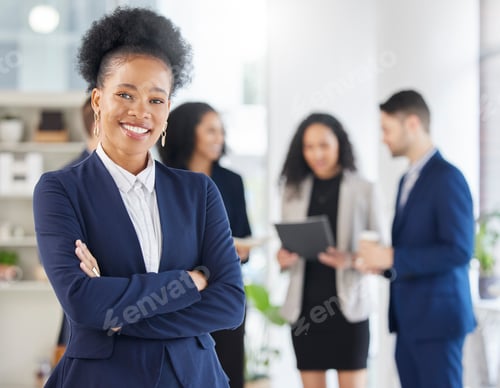 Preview: Crossed arms, confidence and portrait of professional black woman in the office with a smile. Happy