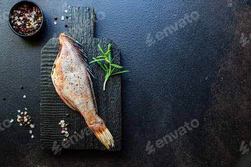Preview: Raw Fish Seafood Whole Headless Ready To Cook Tasty Serving Size Portion Top View Copy Space For