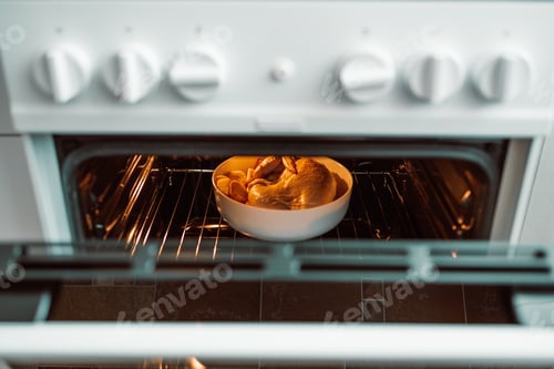 Preview: New oven baked chicken with potatoes and carrots in kitchen, closeup