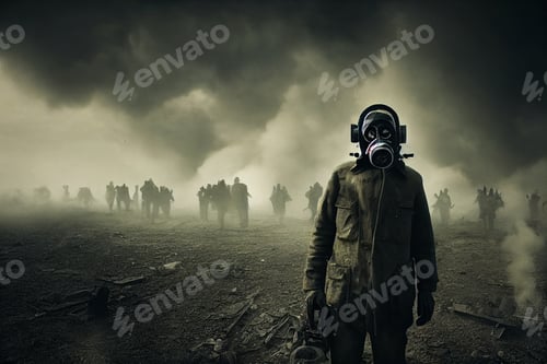 Preview: man with gas mask in apocalyptic post war environment