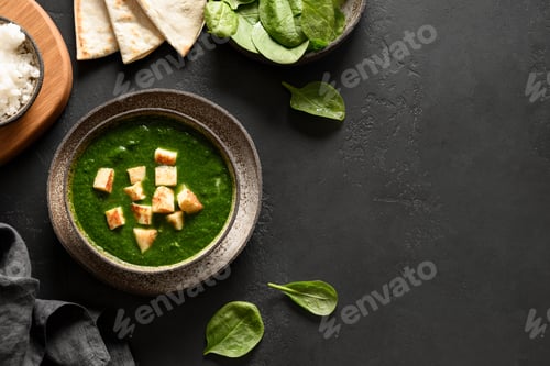 Preview: Palak paneer of spinach and cheese on black.