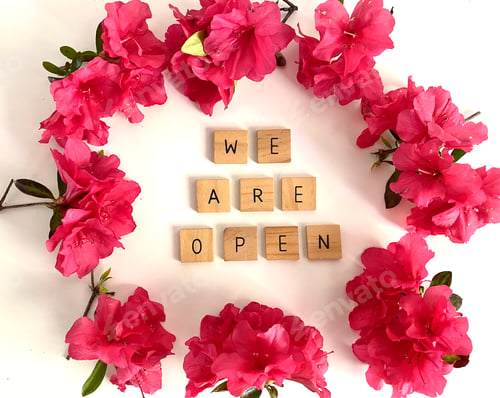 Preview: WE ARE OPEN with pink flowers on white background