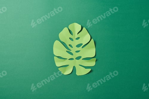 Preview: top view of tropical paper cut palm leaf on green background with copy space