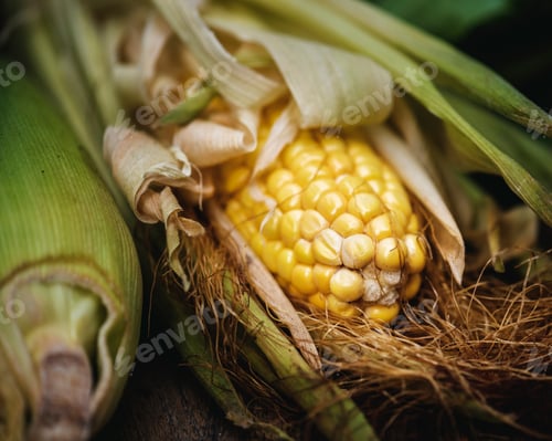 Preview: Aerial view of sweencorn cob on wooden background