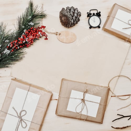 Preview: Zero waste Christmas flat lay. stylish simple christmas gifts
