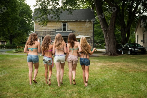 Preview: Five girls wearing bikini tops and shorts, rear view