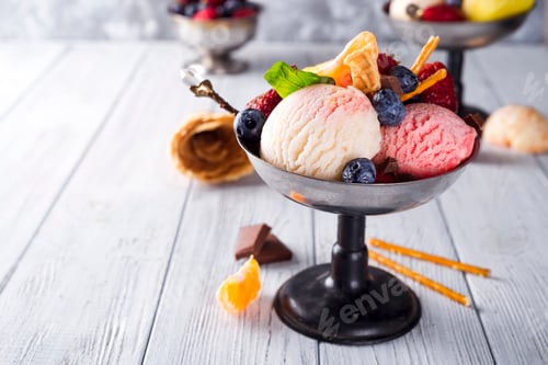 Preview: Bowl with ice cream with three different scoops of white, yellow, red colors and waffle cone
