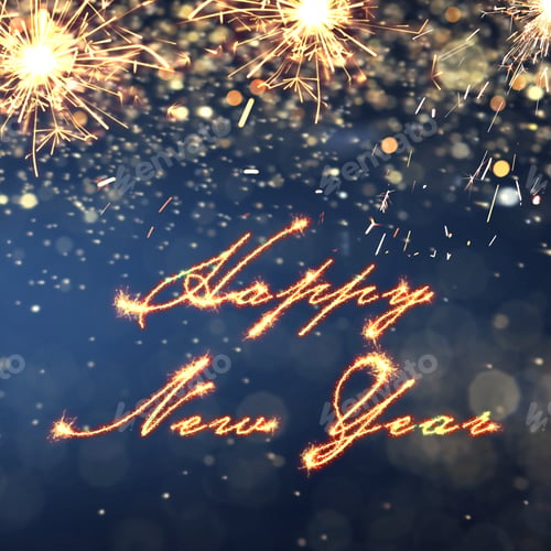 Preview: Bright text Happy New Year made of sparkler on dark background. Greeting card design