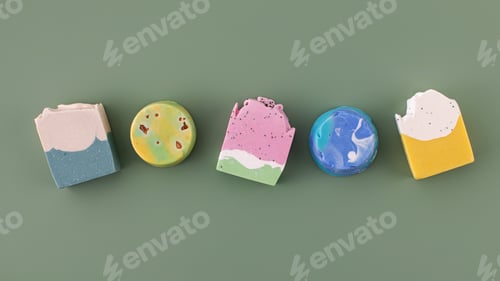 Preview: Pieces of different shapes and colors of handmade soap on a green. Natural cosmetics. Banner