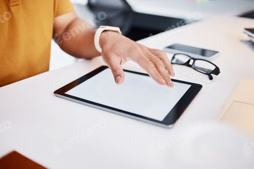 Preview: Tablet mockup, screen and man hands working on advertising copy space, system development or brand