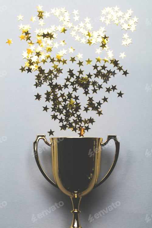 Preview: Winners gold trophy with golden star confetti