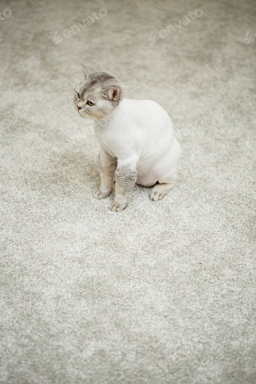 Preview: Beautiful gray scottish fold cat. Haircut cat with shaved hair on the body, pet haircut