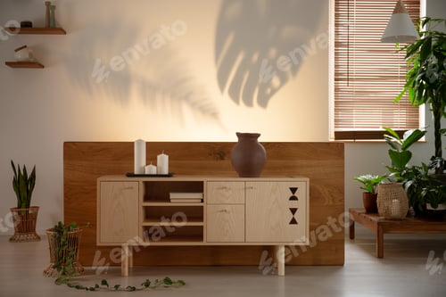 Preview: Candles on wooden cupboard in bedroom interior with plants and s