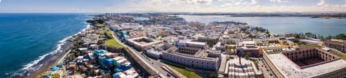 Preview: 180 degree aerial panorama of Old San Juan, Puerto Rico with har