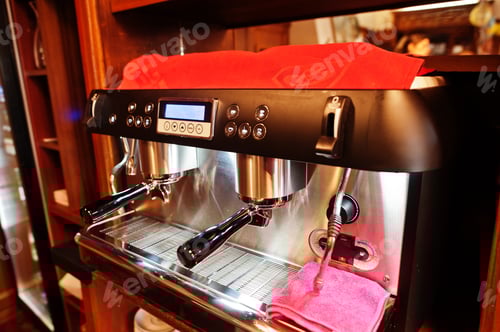 Preview: Professional coffee machine at bar counter.