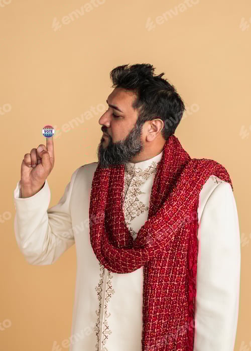 Preview: Indian man in a kurta showing a vote sticker
