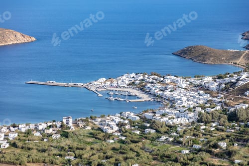 Preview: Serifos island, Greece, Cyclades, aerial view of Livadi port and town, sunny day, summer holiday