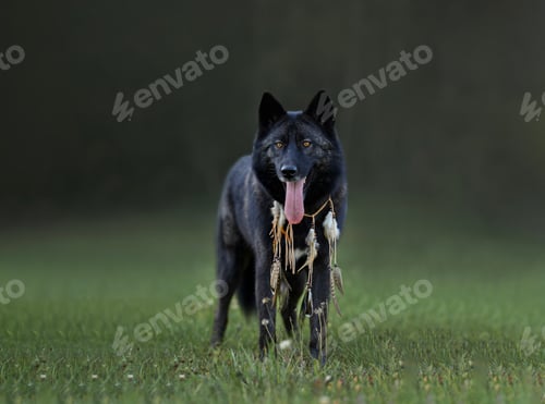 Preview: portrait of a Russian Wolfhound wolf dog in a fern in the forest