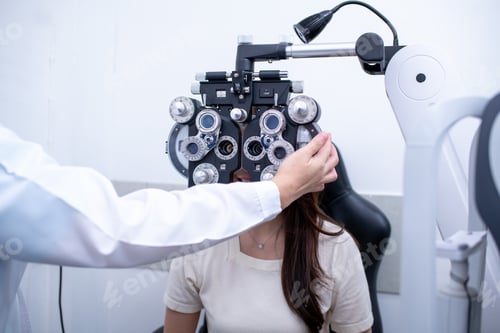 Preview: Woman optical shop customer doing eyesight measurement with optical phoropter check eye distance for