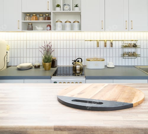 Preview: Wood table top on blur kitchen room