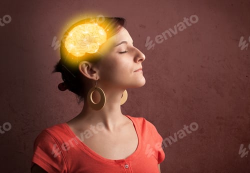 Preview: Young Girl Thinking With Glowing Brain Illustration On Grungy Background