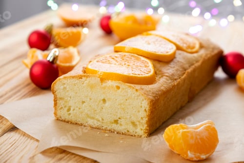 Preview: Delicious tangerine pie with pieces of mandarin, Christmas lights and balls on wooden background.