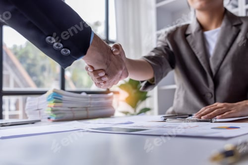 Preview: Handshake of businesspeople. Female and male hand makes a handshake in the office.
