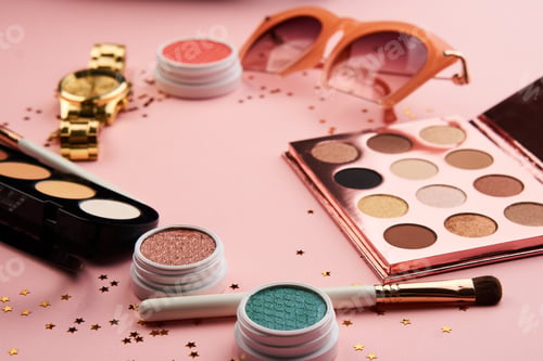 Preview: eyeshadow accessories beads makeup brushes collection professional cosmetics on pink background