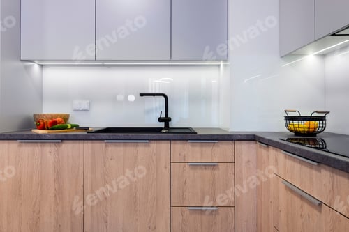 Preview: Modern Kitchen Iterior Design In Gray With Wooden Finishing