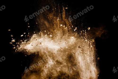 Preview: Split debris of stone exploding with brown powder against white background.