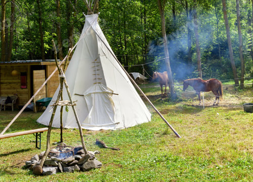 Preview: Tepee and camp fire with horses at a country cabin