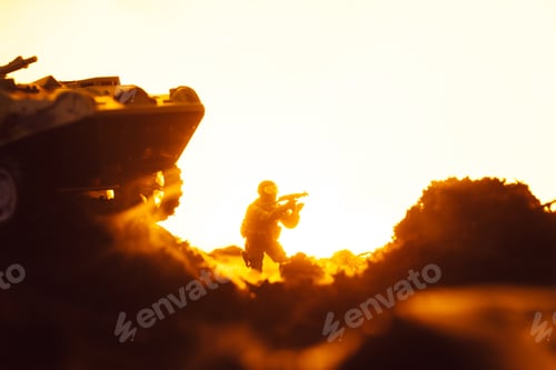 Preview: Battle scene with toy soldier near tank on battleground on yellow background