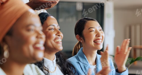 Preview: Business, celebration and women applause for meeting success, corporate smile and happiness, Traini