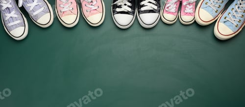 Preview: Lot of used textile sneakers on a green background, various sizes. Large family concept