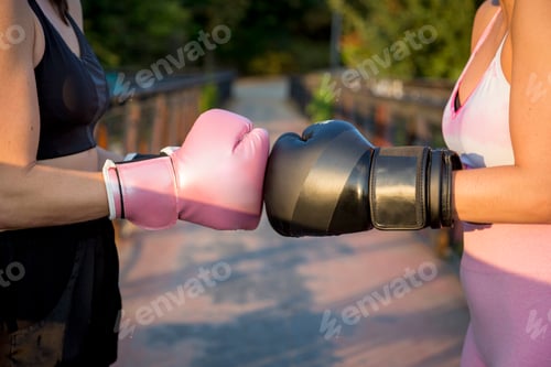 Preview: Young caucasian women crashing boxing gloves on a bridge at sunset