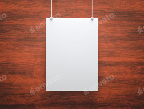 Preview: Blank poster hanging on a wood background.