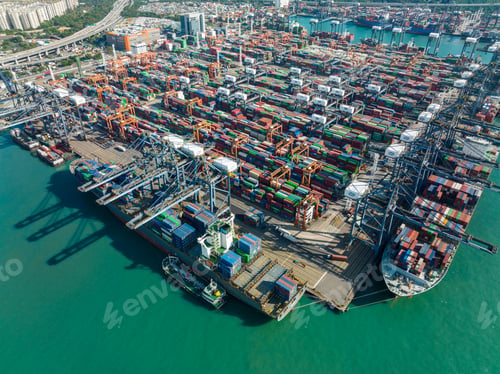 Preview: Hong Kong 05 December 2021: Top down view of Hong Kong cargo terminal port