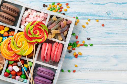 Preview: Various colorful candies, lollipops, and macaroons