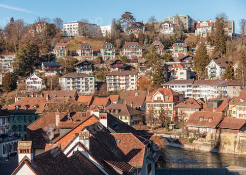 Preview: Switzerland, Bern cityscape, modern and traditional architecture buildings along the Aare river