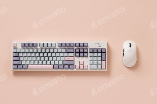 Preview: Keyboard and mouse on pink background. View from above. Flat lay.