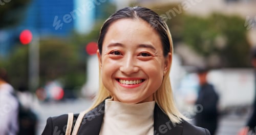 Preview: Business woman, smile and portrait in city for travel, excited and pride for legal career in street