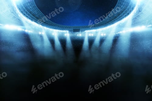 Preview: stadium arena illuminated by bright blue floodlights piercing through haze. Football stadium.
