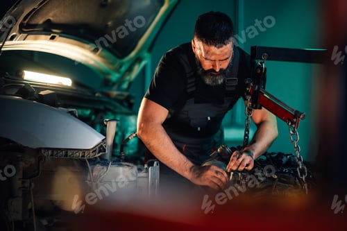Preview: Close-up of a mechanic focusing on car engine repair work