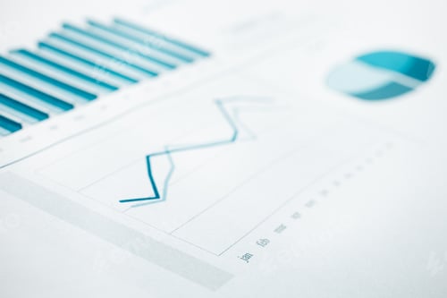 Preview: Business data report and chart print. Selective Focus. Blue toned