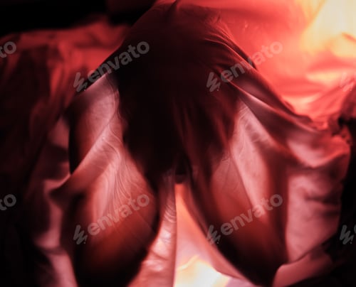 Preview: Red lighting, dark and person with fabric for depression, sadness and mental health problems. Creat