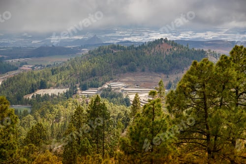 Preview: Elevated view of a Tenerife's village nestled among dense forests with majestic mountains