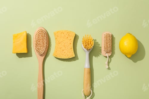 Preview: Soap, brushes, sponge and lemon on green background, top view