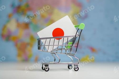 Preview: Japanese national flag in miniature shopping trolley cart. Shopping online or shipping, duty concept